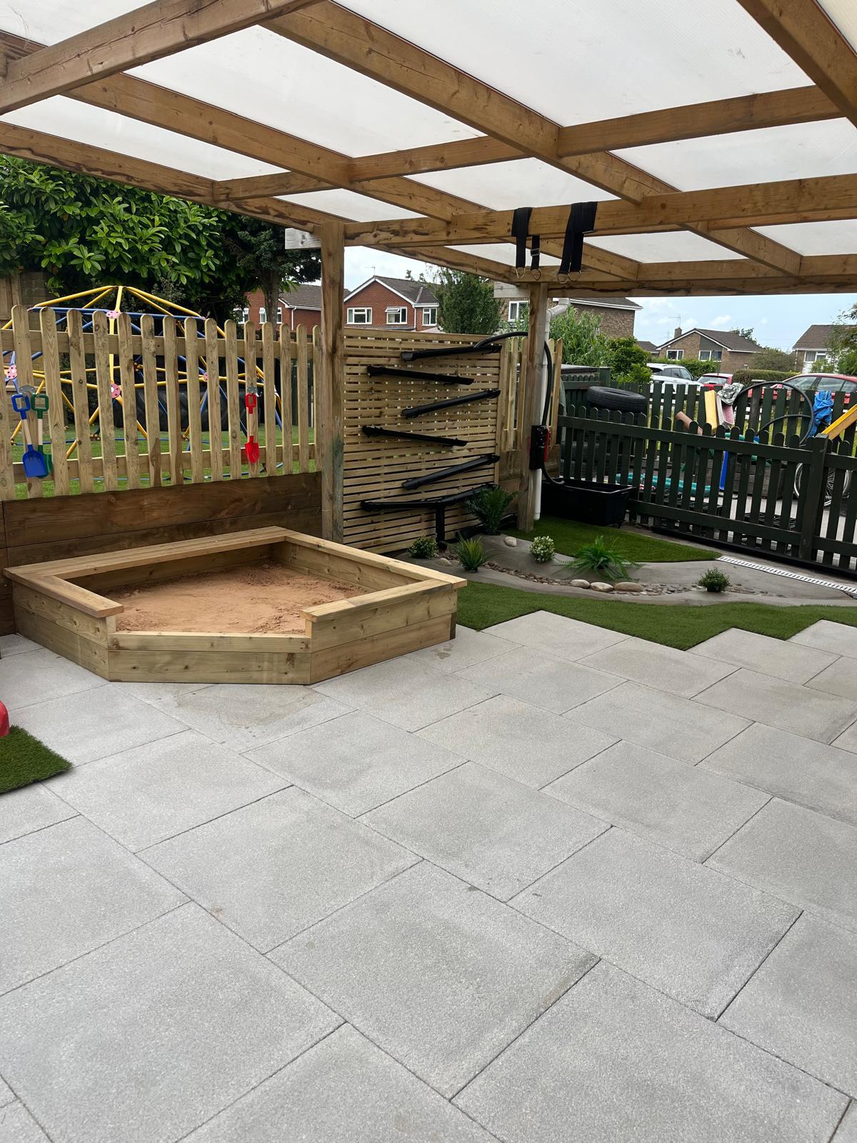 A covered outdoor play area features a wooden sandbox, a water wall, and toys hanging on bespoke railings. The space, enhanced with hard landscaping, is paved with tiles and dotted with green grassy patches. Residential houses form the backdrop of this charming setting.